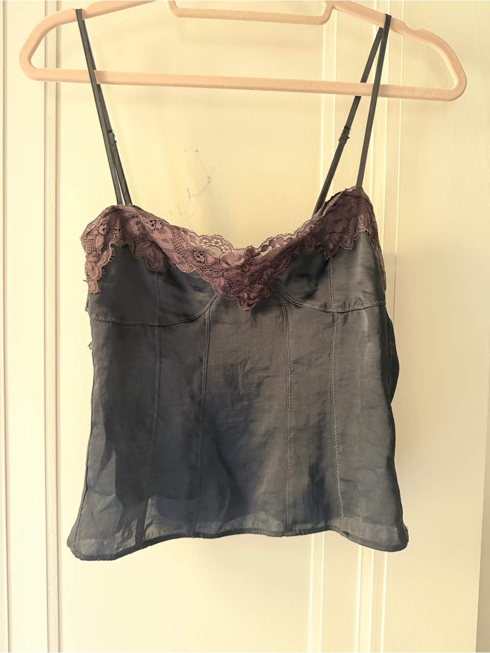 Free People Silk Lace Trim Cami Top - Black with Brown Lace